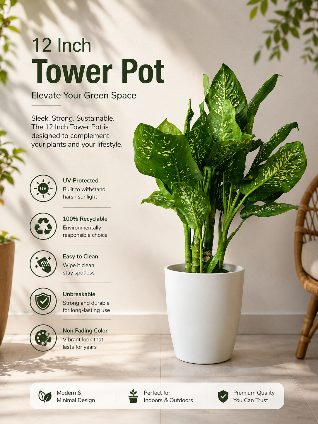 12 Inch Tower Pots, Whte (Pack of 6)