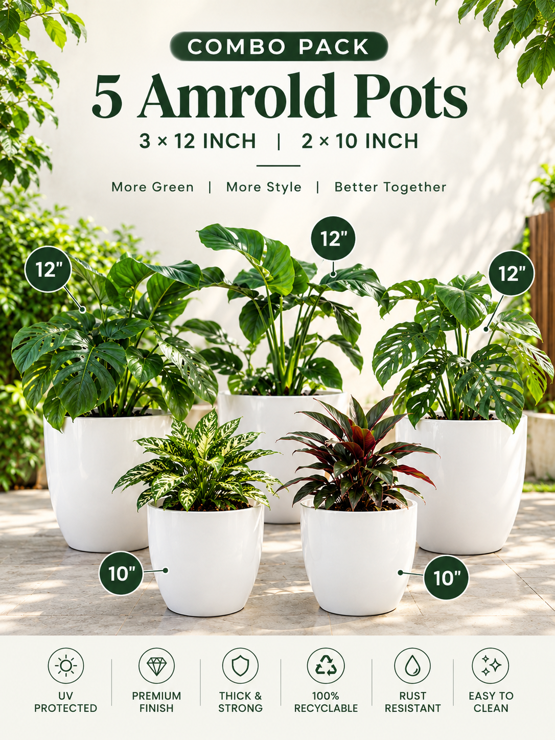 Amrold Pot Combo Pack – Set of 5 (3 × 12 Inch + 2 × 10 Inch)