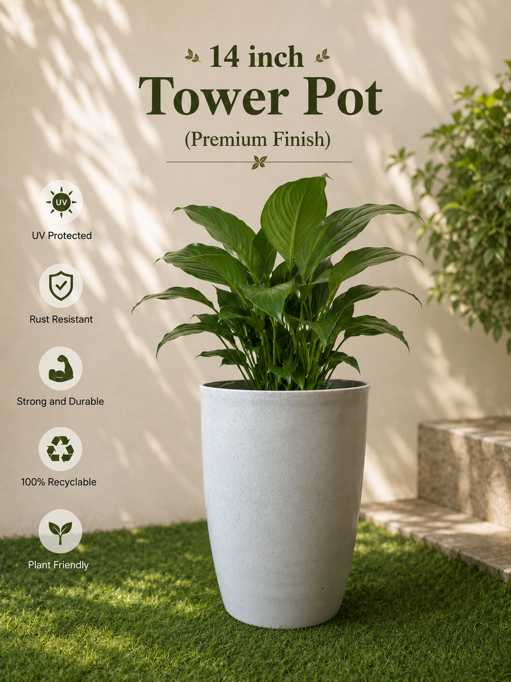 14 Inch Tower Pot, Marble Finish (Pack of 2)