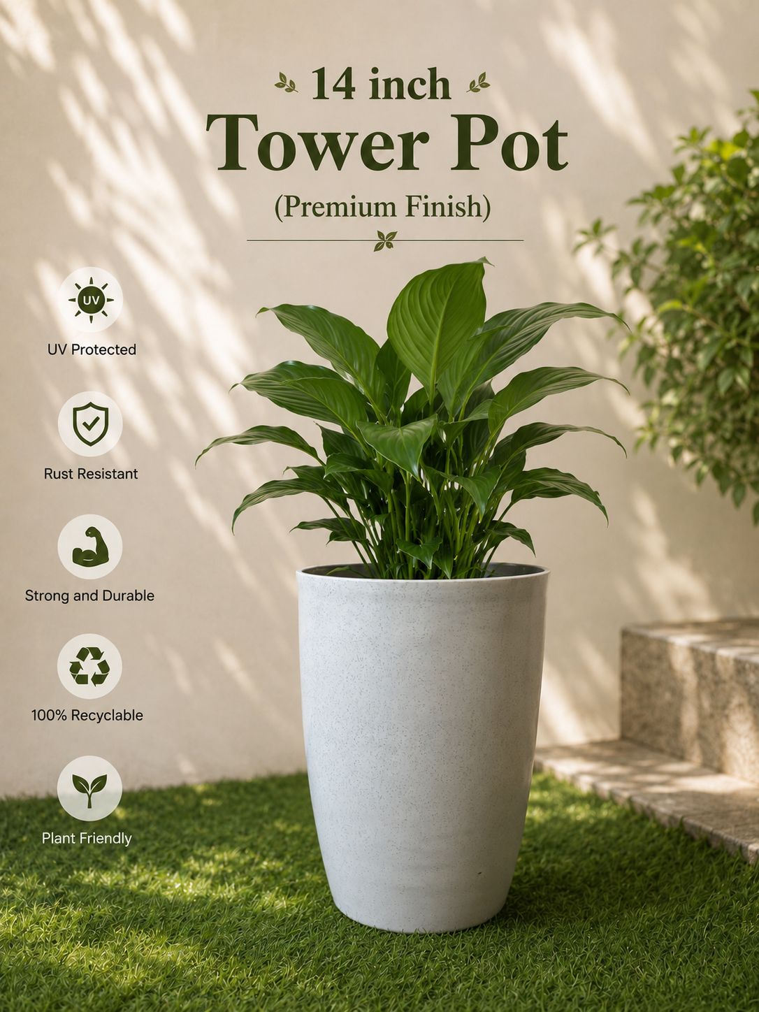 14 Inch Tower Pot, Marble Finish (Pack of 2)