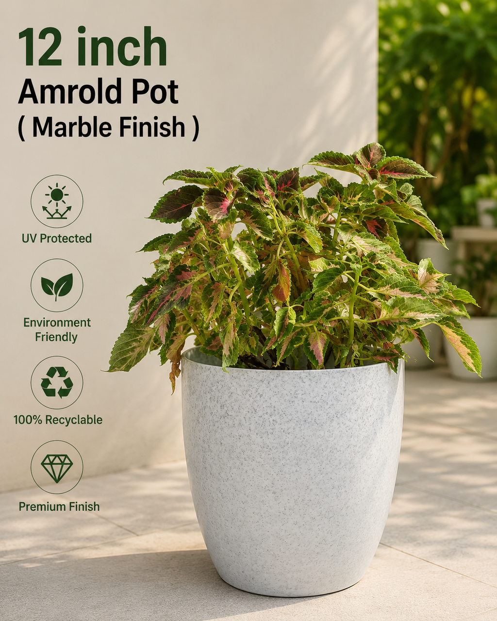 12 Inch Amrold Pot, Marble Finish (Pack of 3)