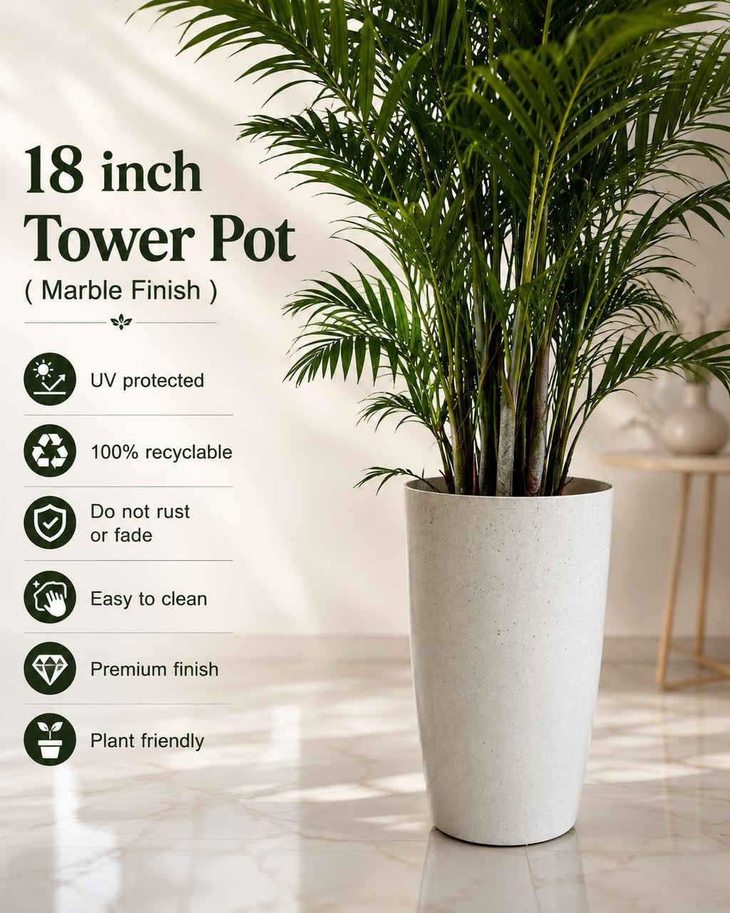 18 Inch Tower Pot, Marble Finish (Pack of 2)