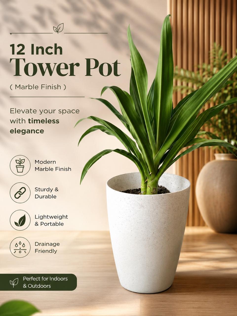 12 Inch Tower Pot, Marble Finish (Pack of 6)